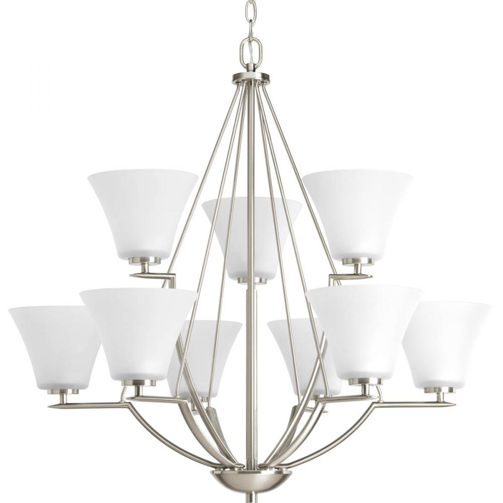 Bravo Collection Nine-Light Brushed Nickel Etched Glass Modern Chandelier Light