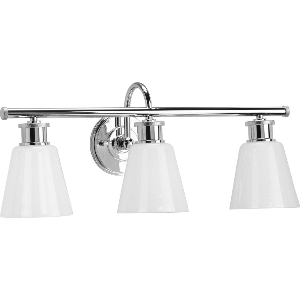 Ashford Collection Three-Light Polished Chrome and Opal Glass Farmhouse Style Bath Vanity Wall Light