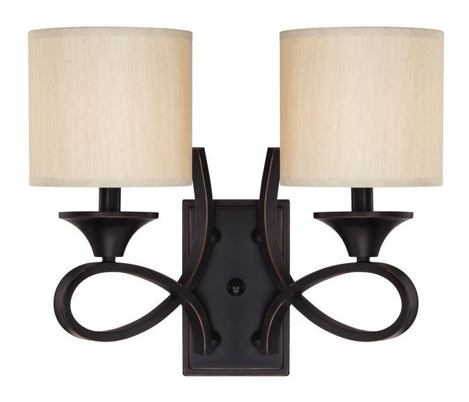 2 Light Wall Fixture Amber Bronze Finish Beige Fabric Shades