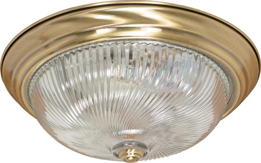 3-Light 15" Flush Light Fixture in Antique Brass Finish with Clear Swirl Glass