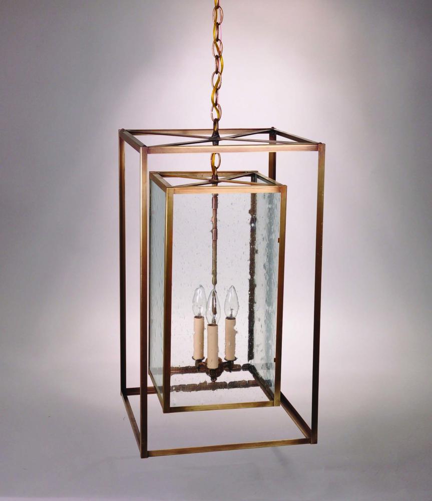 Square Hanging Inside Square Dark Antique Brass 3 Candelabra Sockets Clear Glass